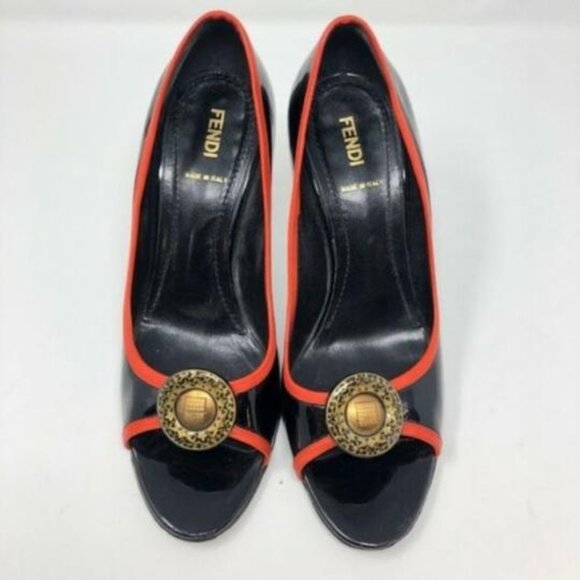 Fendi Black Red Gold Coin Accent Open Toe - Picture 2 of 5